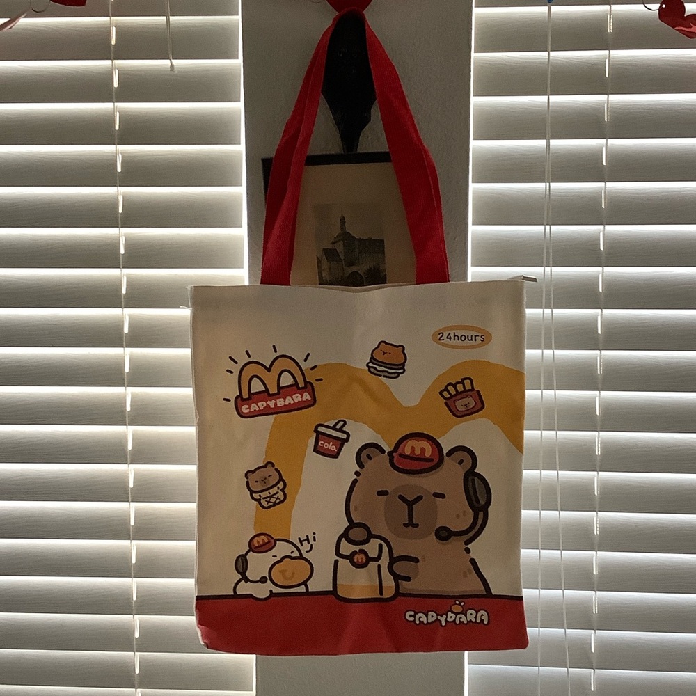 Capybara Themed Tote Bag with Red Handles cotton.lienen shoulder bag